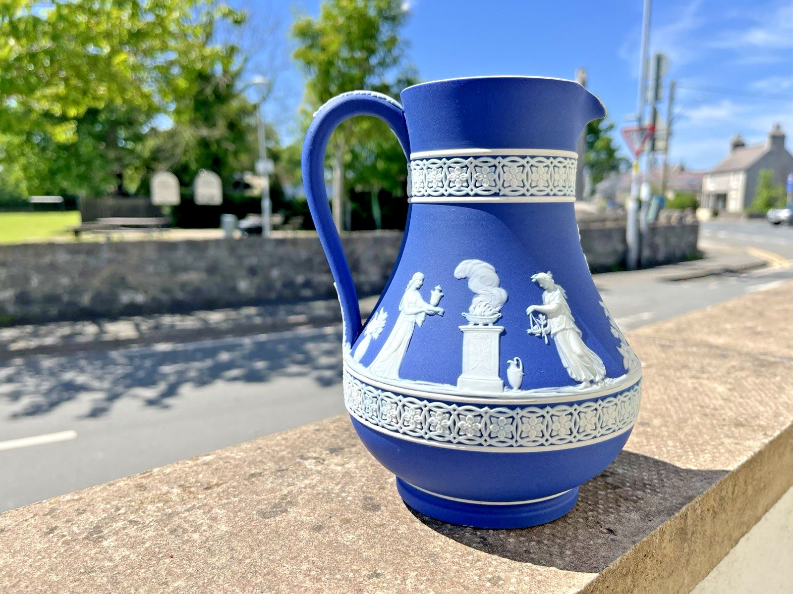 19th C Wedgwood Cobalt Blue Jasperware Neoclassical Cherub Pitcher Jug photo 75.0