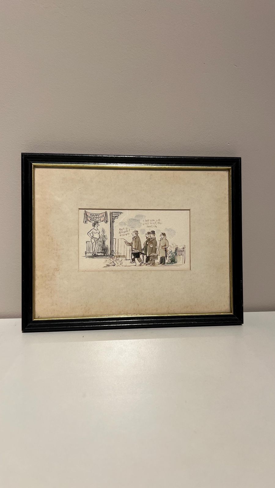 Framed Vintage Hand Drawn Cartoon Humour Sketch – Valentine’s Day Scene photo furniture
