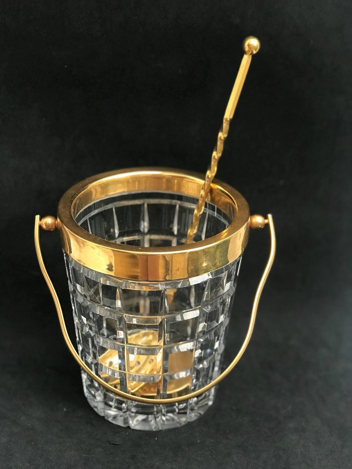 Ice Bucket Mcm Hand Cut Crystal French With Golden Metal Handle Barware Mixology Tools Bar Cart Hollywood Regency Man Cave Gift photo Home Decor