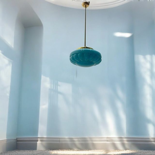 Mid Century Blue Opaline Glass Pendant Light With Brass Fittings photo furniture