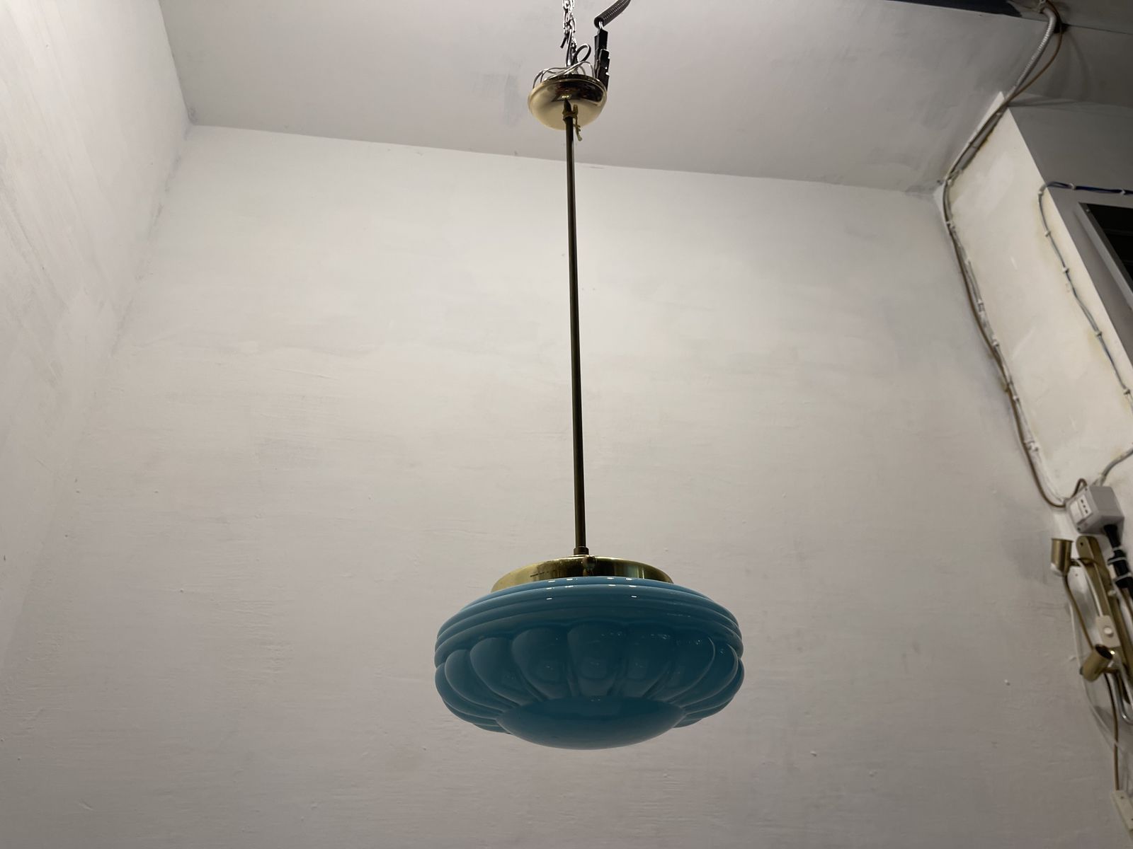 Mid Century Blue Opaline Glass Pendant Light With Brass Fittings photo Lighting