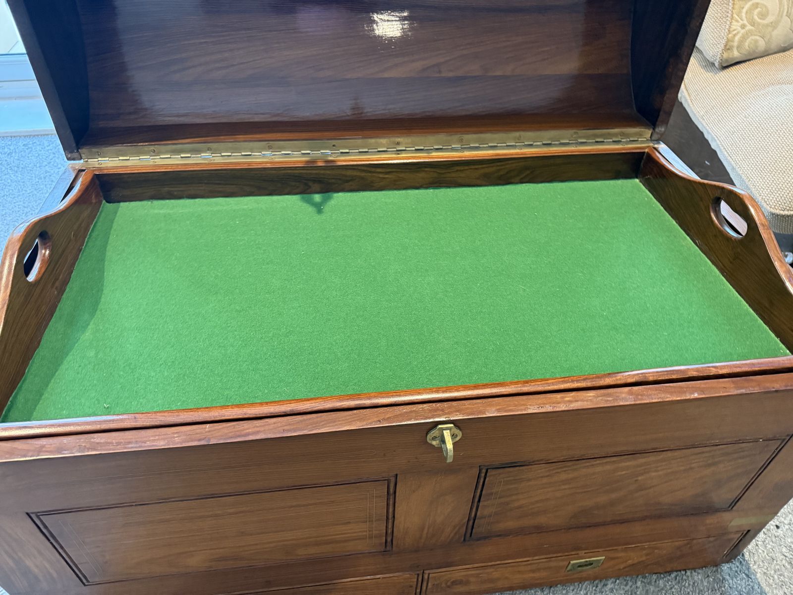 photo for sale Campaign Style Teak Chest With Brass Inlay & Secret Drawer