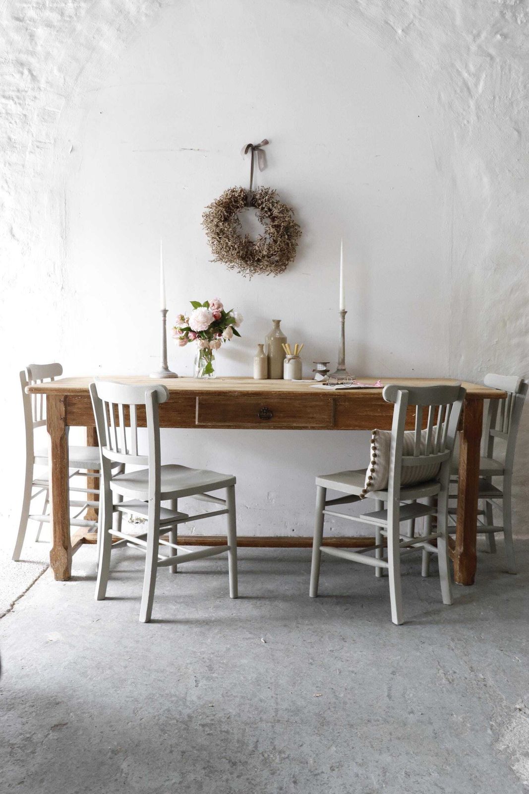 Set Of Four Zinc Grey Painted Vintage Chapel Chairs