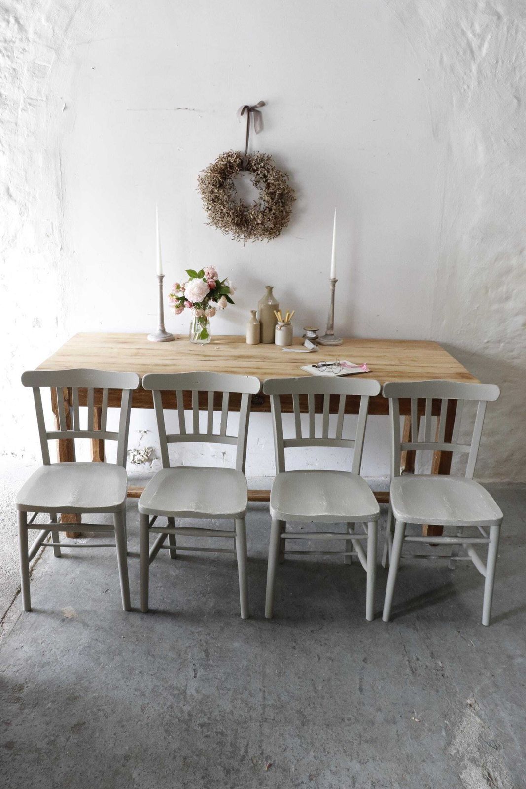 Set Of Four Zinc Grey Painted Vintage Chapel Chairs photo furniture