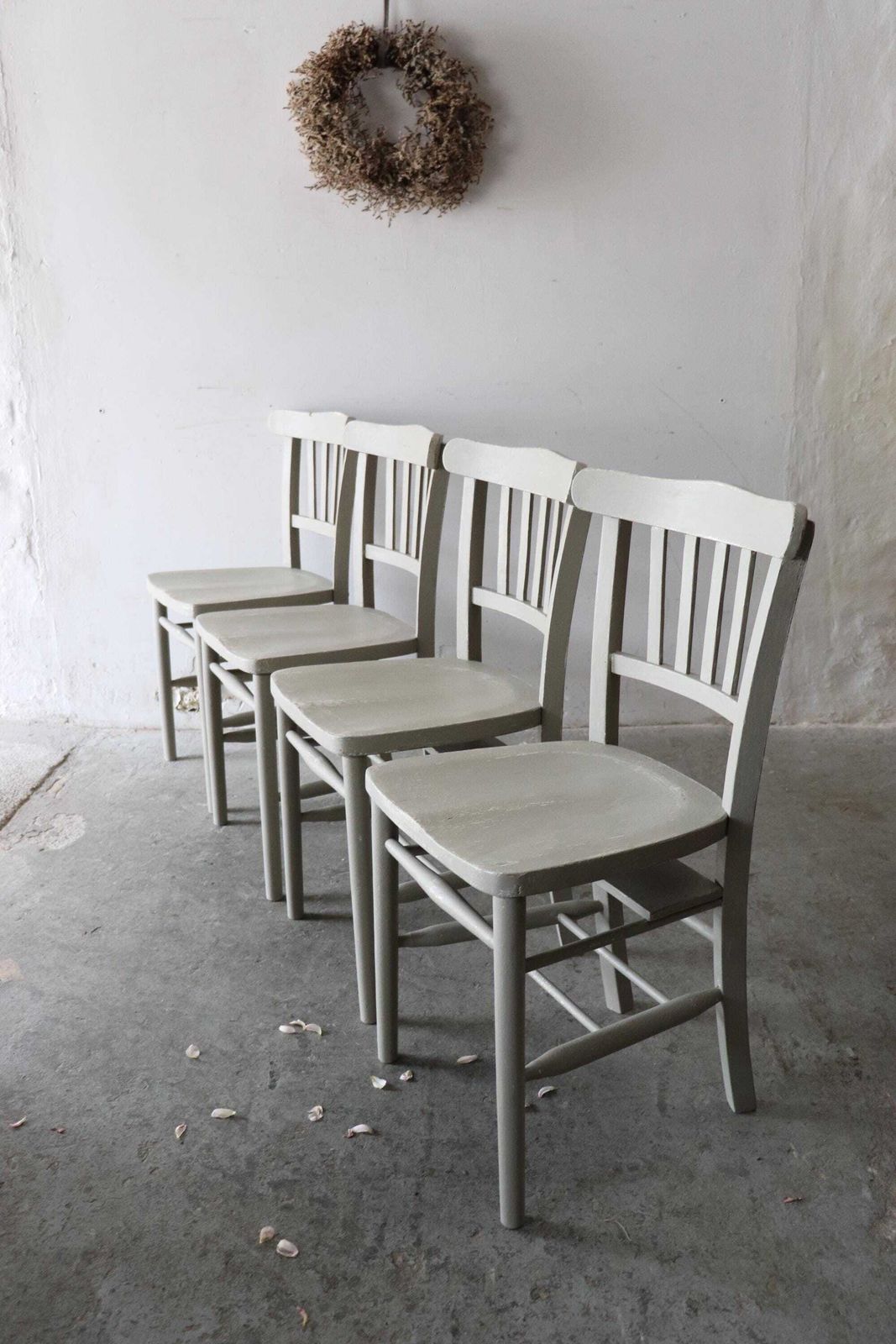 photo furniture Set Of Four Zinc Grey Painted Vintage Chapel Chairs