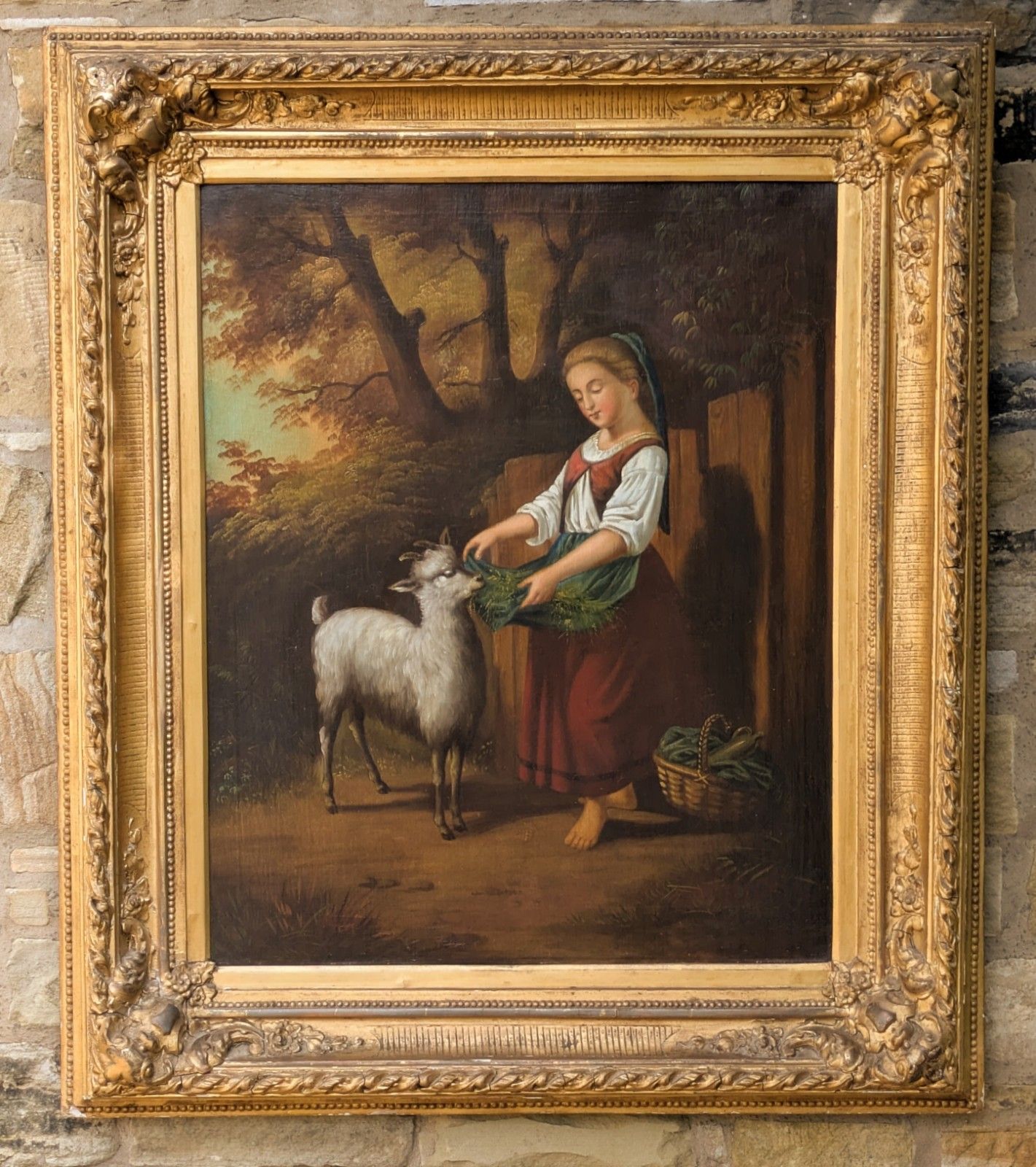 Antique Oil Painting Girl And Goat 19th Century Manner Of Hermann Werner