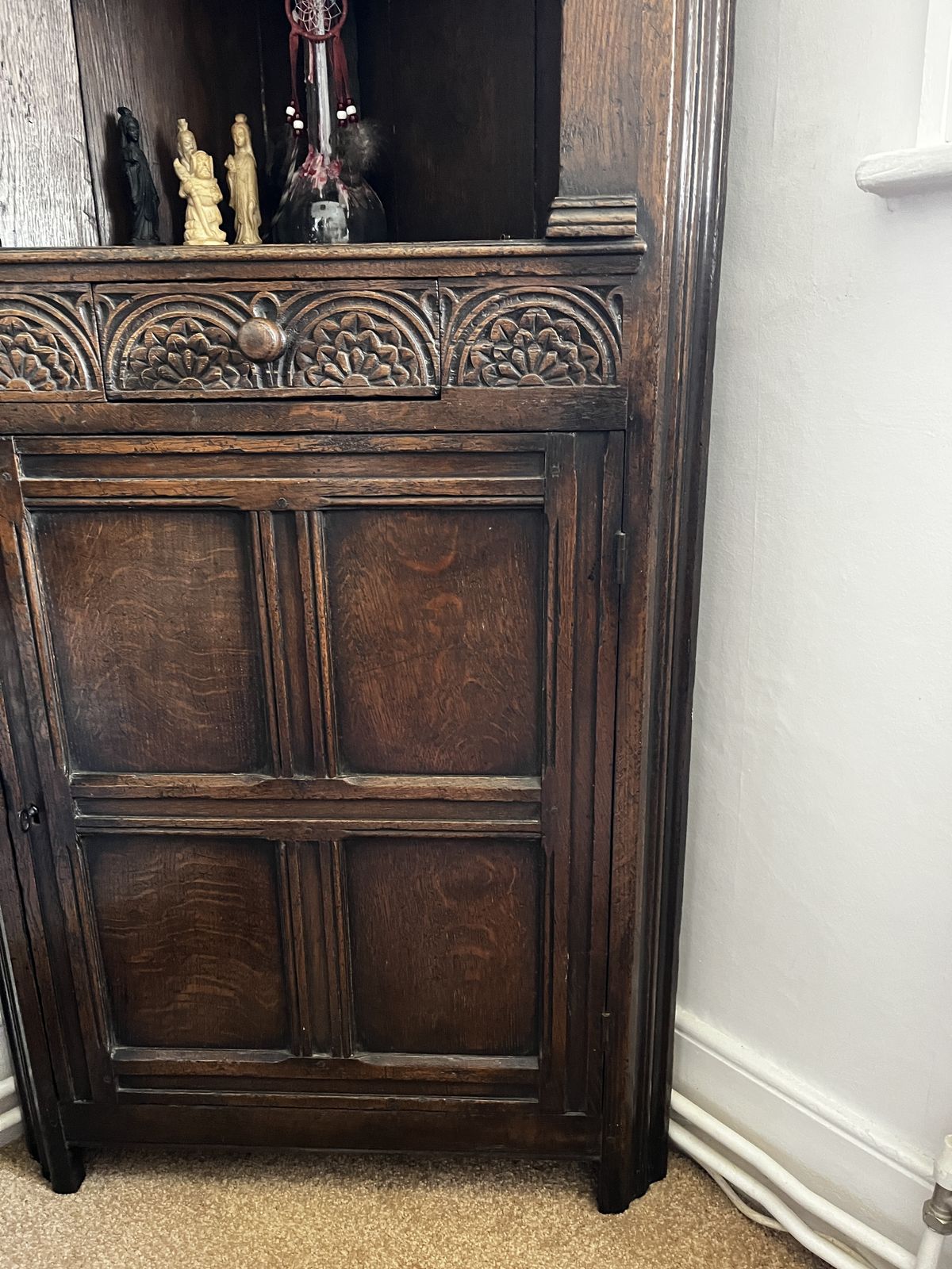 Antique Oak Corner Cabinet 20th Century With Moon Carvings photo buy