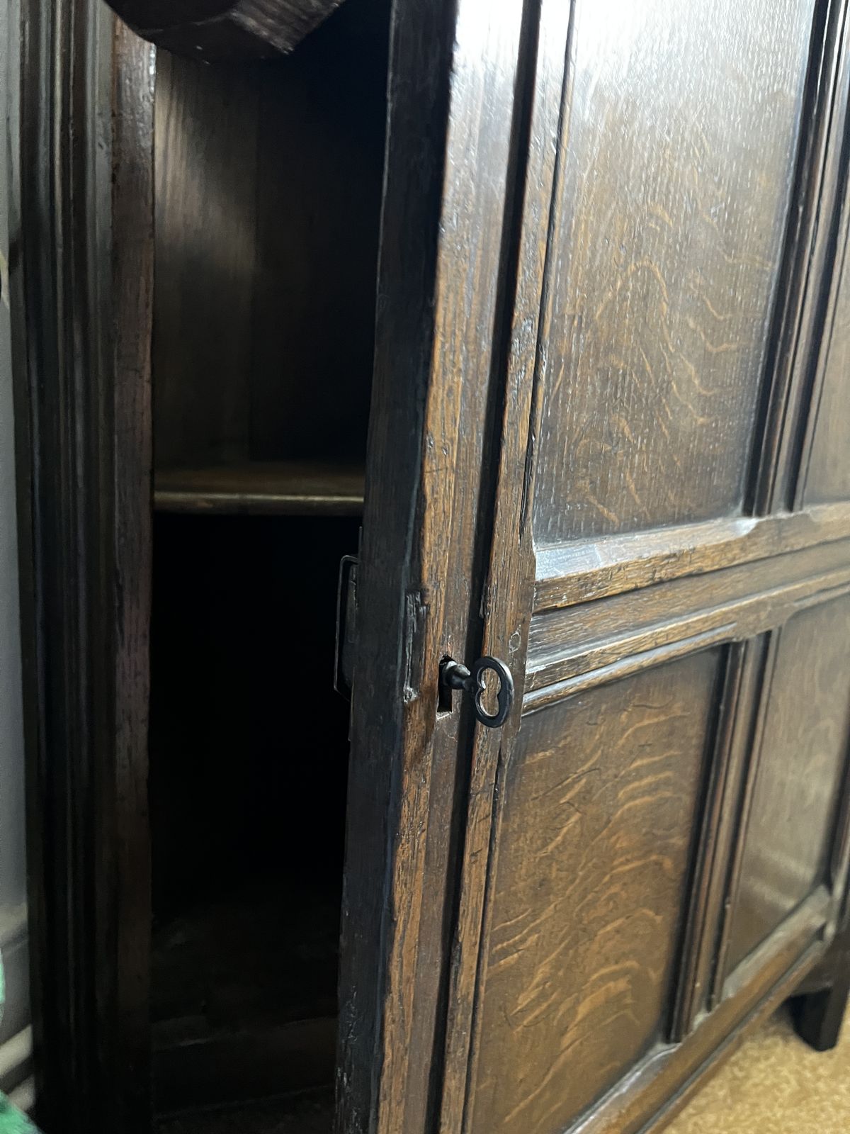 photo furniture Antique Oak Corner Cabinet 20th Century With Moon Carvings