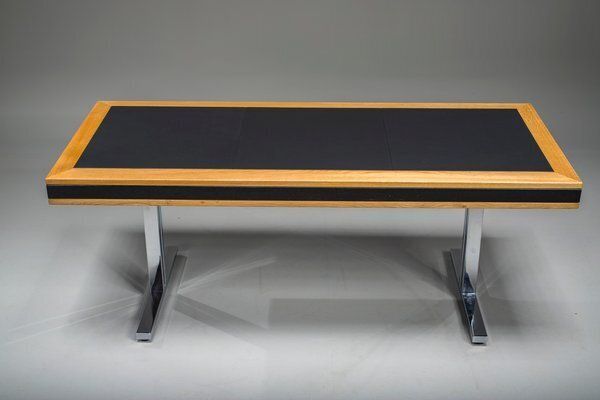 Mid Century Modern Oak And Chrome Desk With Leather Top, 1980s photo for sale