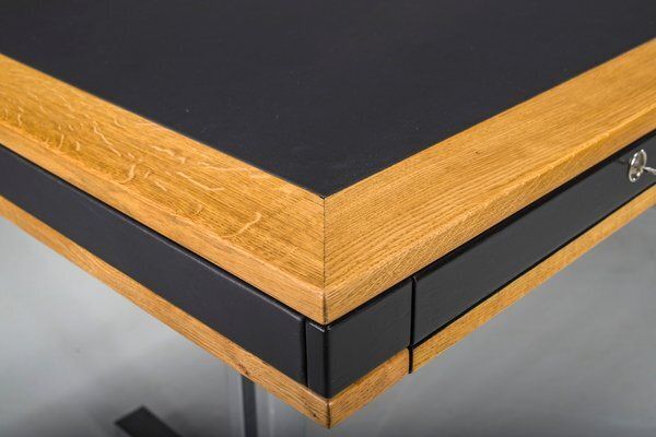 photo furniture Mid Century Modern Oak And Chrome Desk With Leather Top, 1980s
