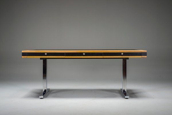 photo buy Mid Century Modern Oak And Chrome Desk With Leather Top, 1980s