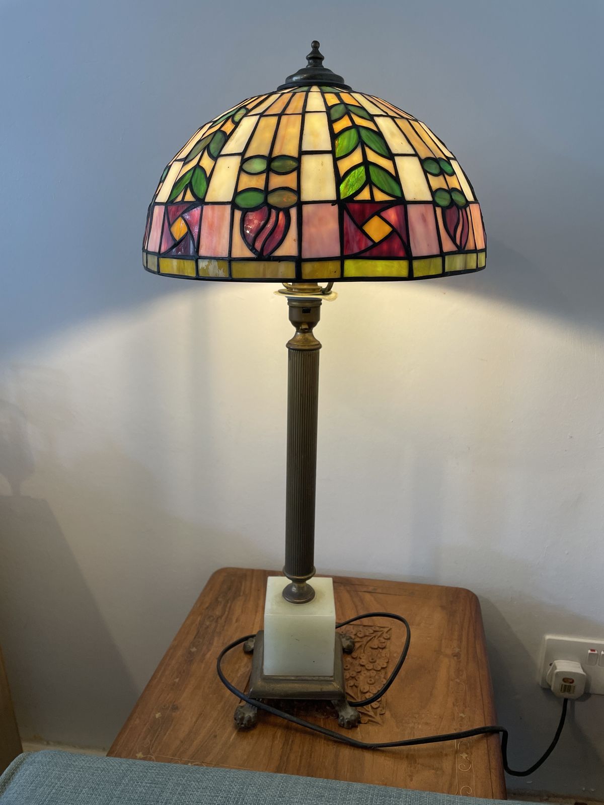 photo for sale Mid Century Tiffany Stained Glass Desk Lamp With Brass And Marble Stand