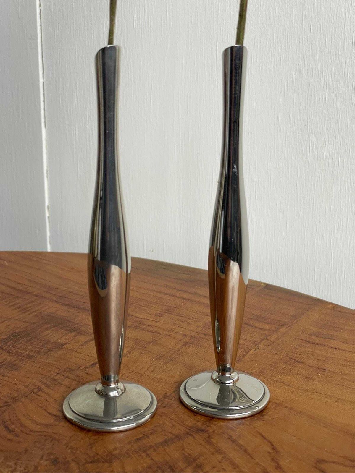 Pair Of Small Slim Single Stem Art Deco Soliflore Metal Vases photo vinterior