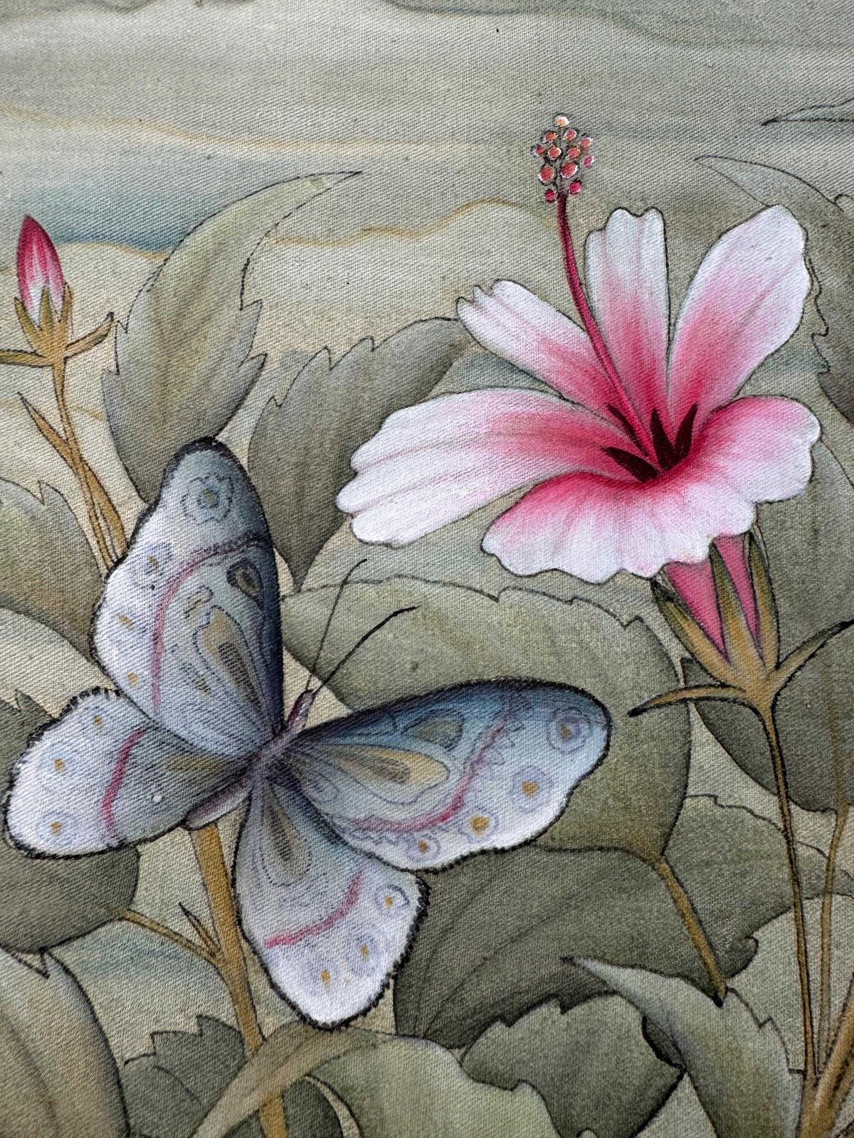 Vintage Balinese Acrylic On Canvas Painting, Floral Painting, Wall Decor photo 200.0