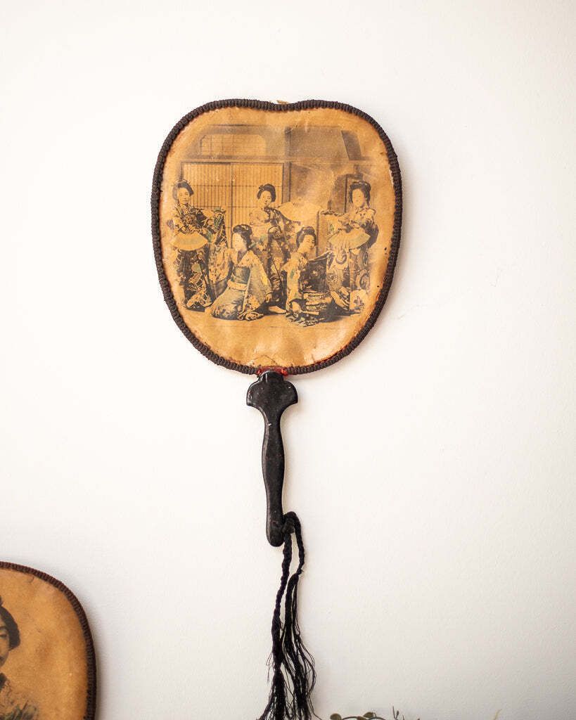 Antique Japanese Lacquered Geisha Girl Fan / Wall Art photo for sale