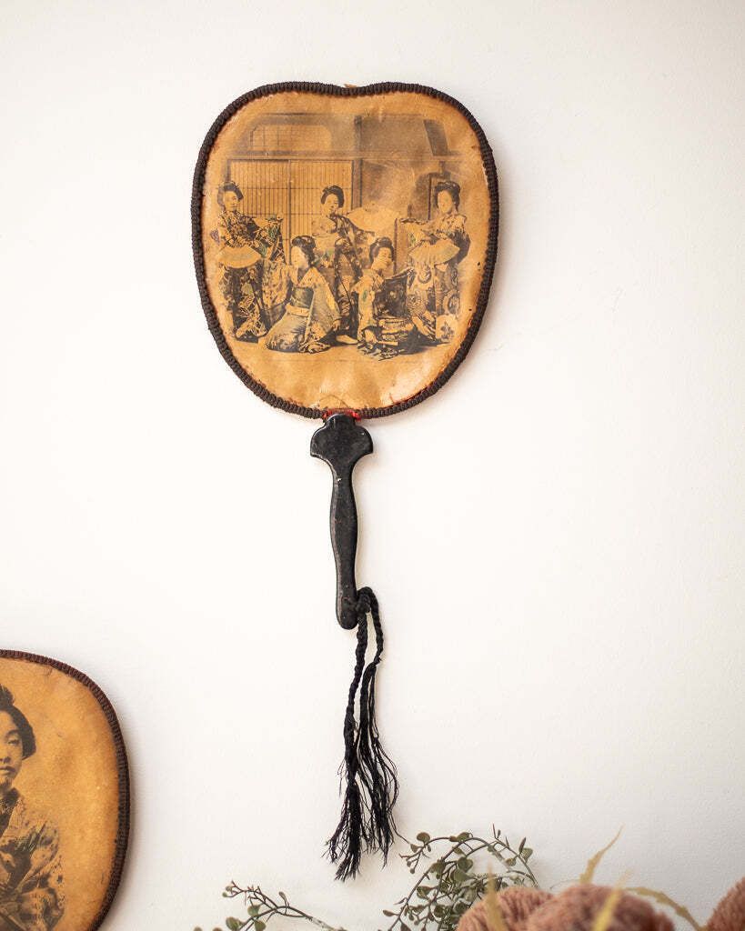 Antique Japanese Lacquered Geisha Girl Fan / Wall Art photo Art
