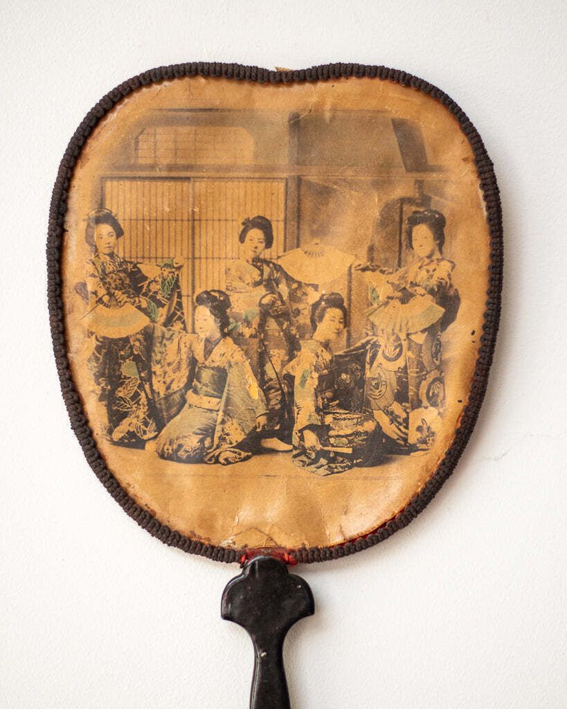 Antique Japanese Lacquered Geisha Girl Fan / Wall Art photo 75.0