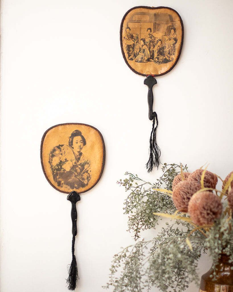 Antique Japanese Lacquered Geisha Girl Fan / Wall Art photo buy