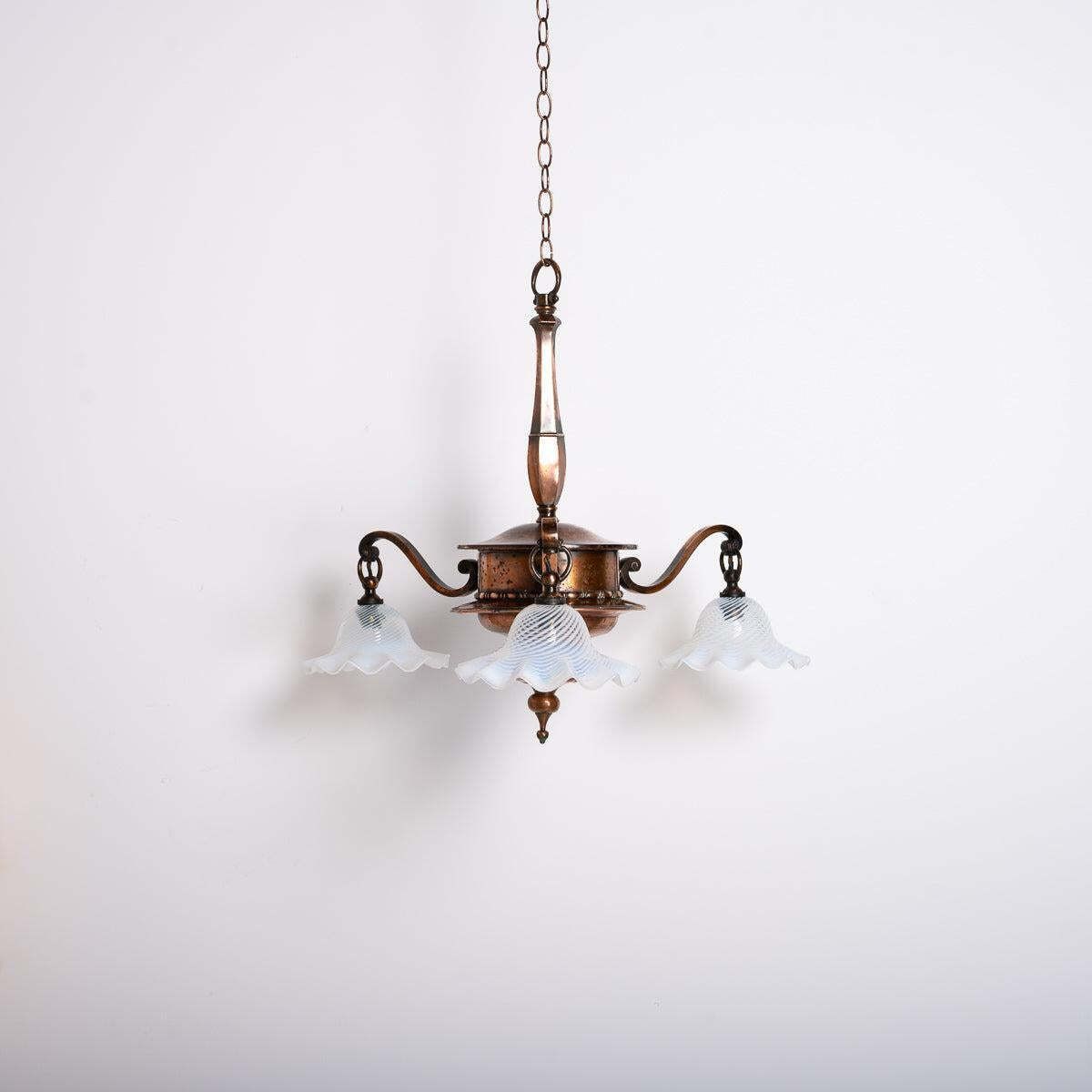 photo furniture Large Copper Three Branch Chandelier With Jelly Opalescent Glass Shades By Gec