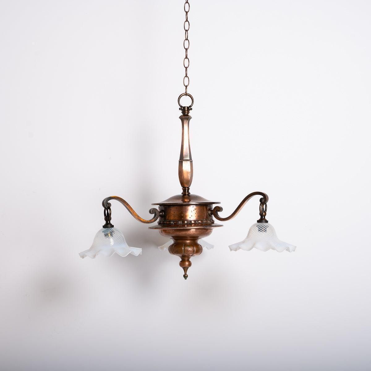 photo vintage Large Copper Three Branch Chandelier With Jelly Opalescent Glass Shades By Gec