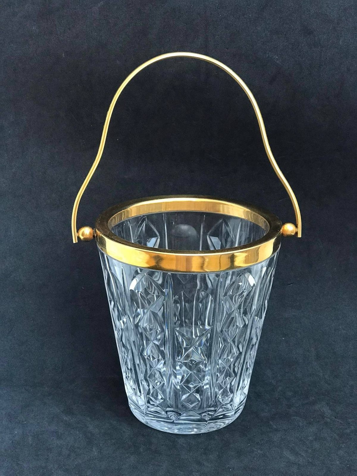 Ice Bucket Val Saint Lambert Heavy Cut Crystal With Golden Metal Handles Mid Century Barware Mixology Tools Bar Cart Hollywood Regency photo furniture