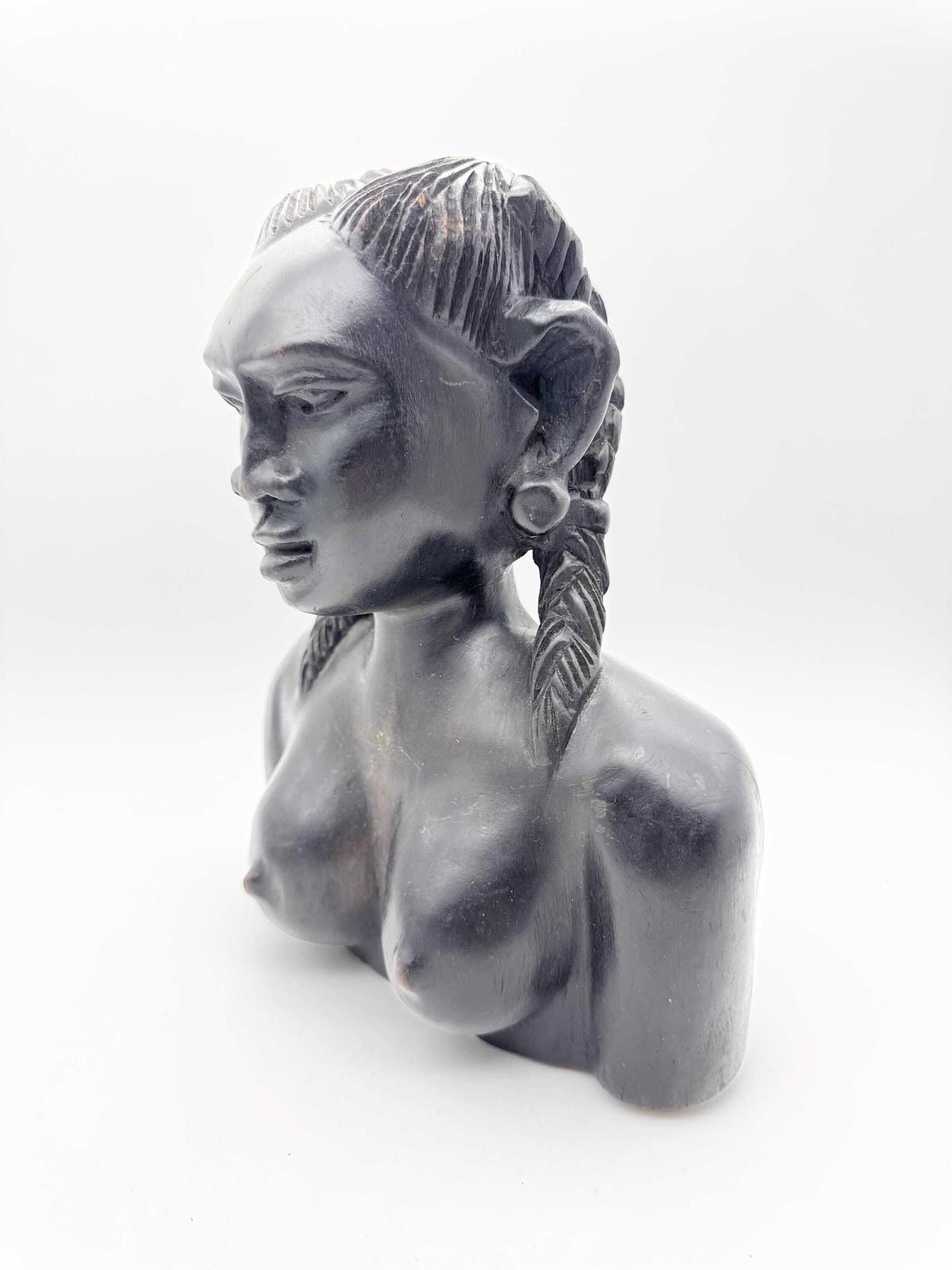 African Ebony Woman Bust, Wooden Woman Statue, African Sculpture photo for sale