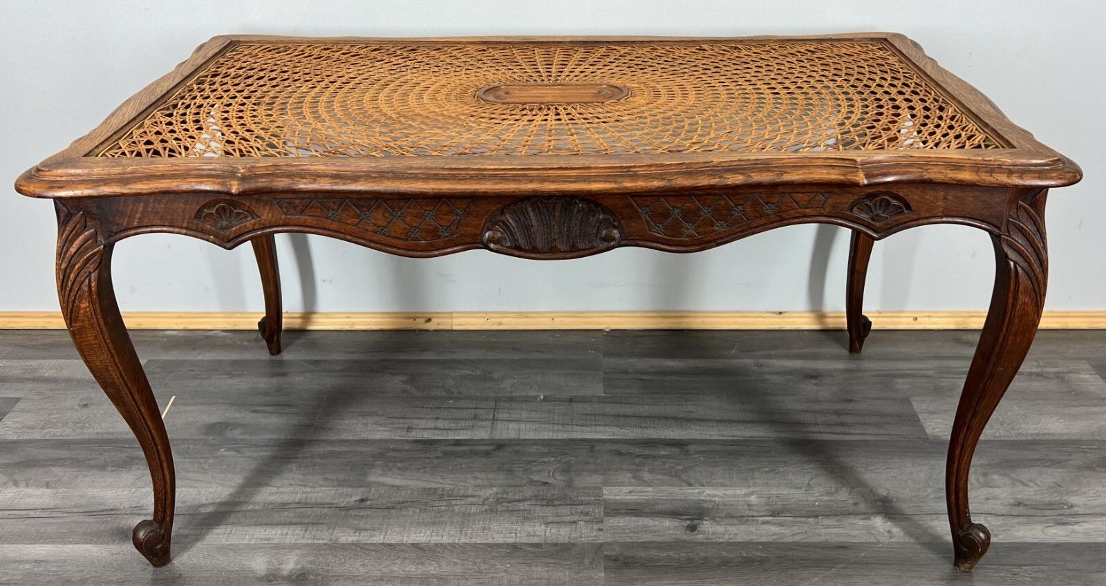 Coffee Table Vintage French Oak Louis  Cane Top Carved Legs  – Lot 3861 photo for sale