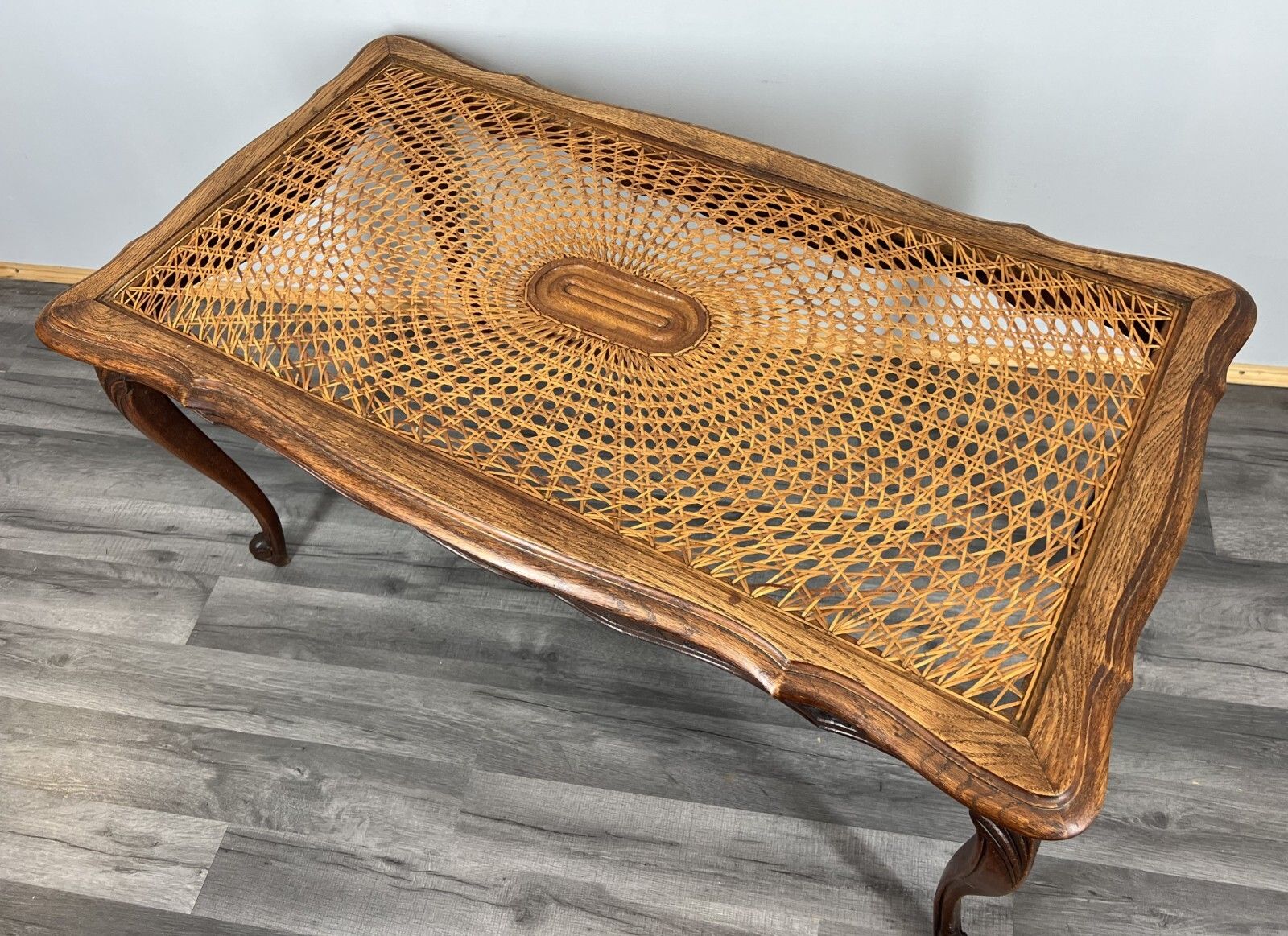 photo furniture Coffee Table Vintage French Oak Louis  Cane Top Carved Legs  – Lot 3861