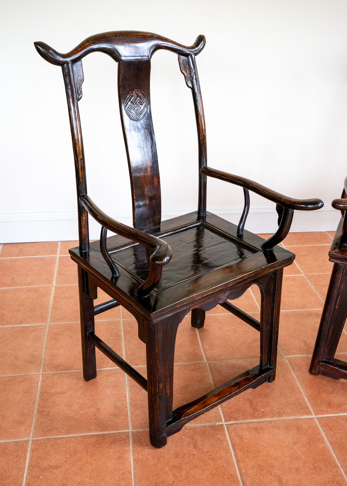 3750.0 Antique Chinese Armchairs Pair Official Hat Yoke Back Lacquered Red 19th Century Carved Swastika Motifs Ming Qing Orienta.L Hall Chairs Country House photo
