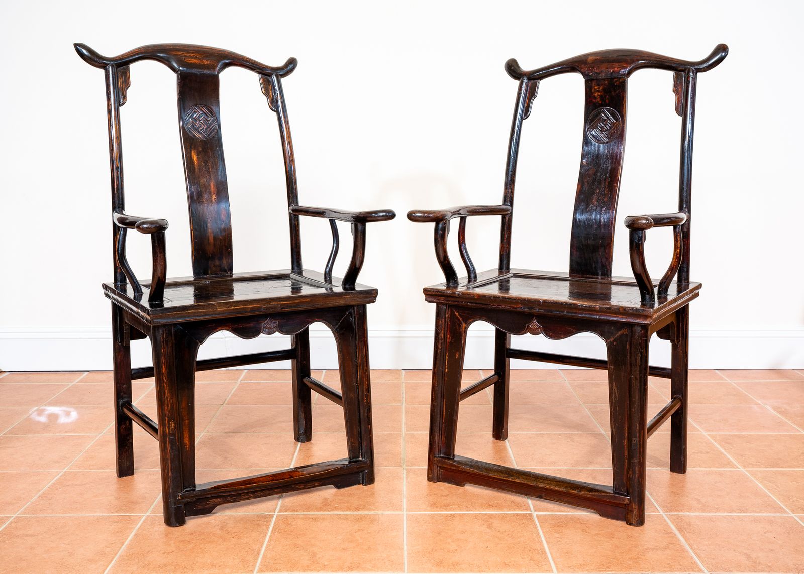 Antique Chinese Armchairs Pair Official Hat Yoke Back Lacquered Red 19th Century Carved Swastika Motifs Ming Qing Orienta.L Hall Chairs Country House photo furniture