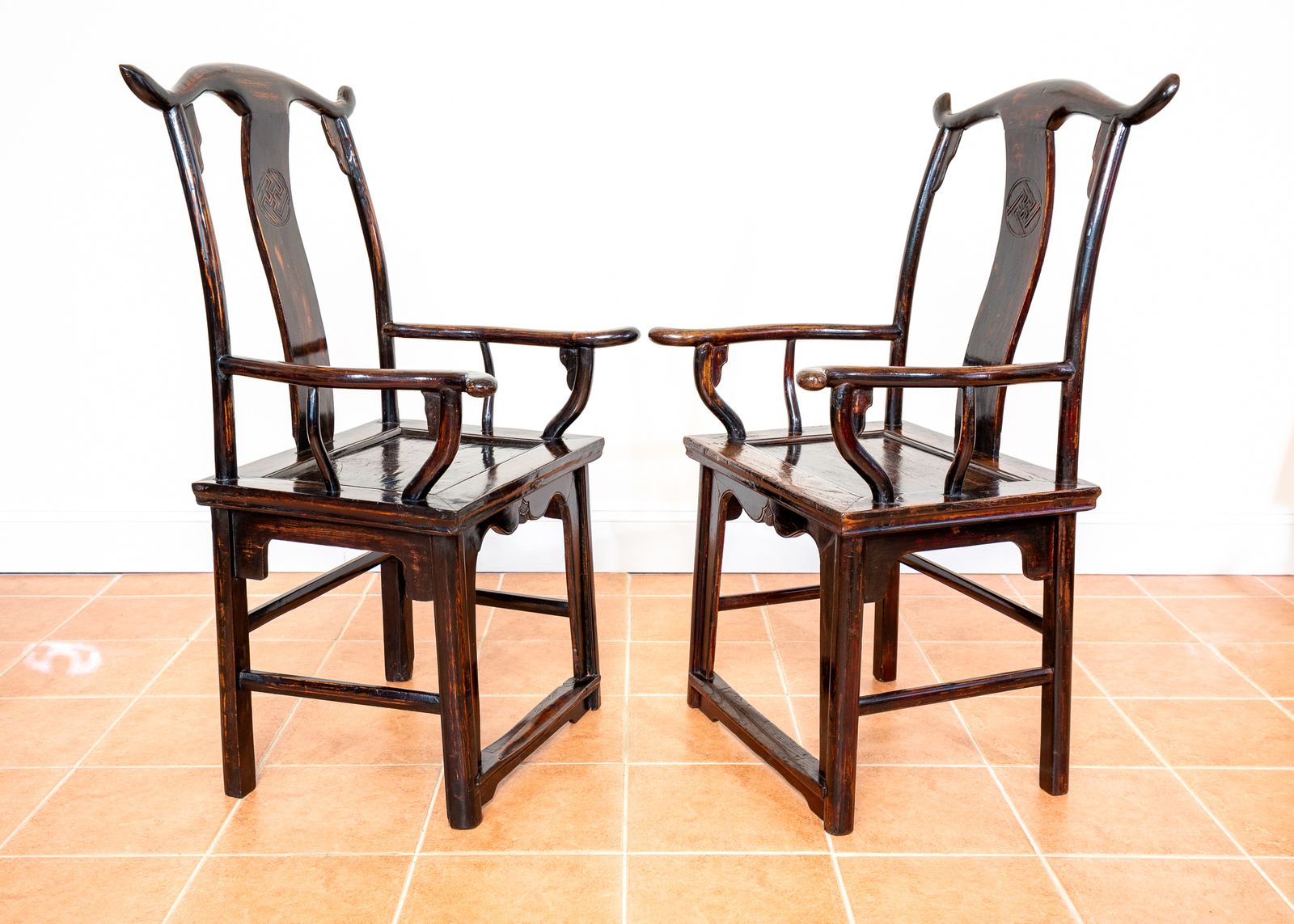 Antique Chinese Armchairs Pair Official Hat Yoke Back Lacquered Red 19th Century Carved Swastika Motifs Ming Qing Orienta.L Hall Chairs Country House photo vinterior
