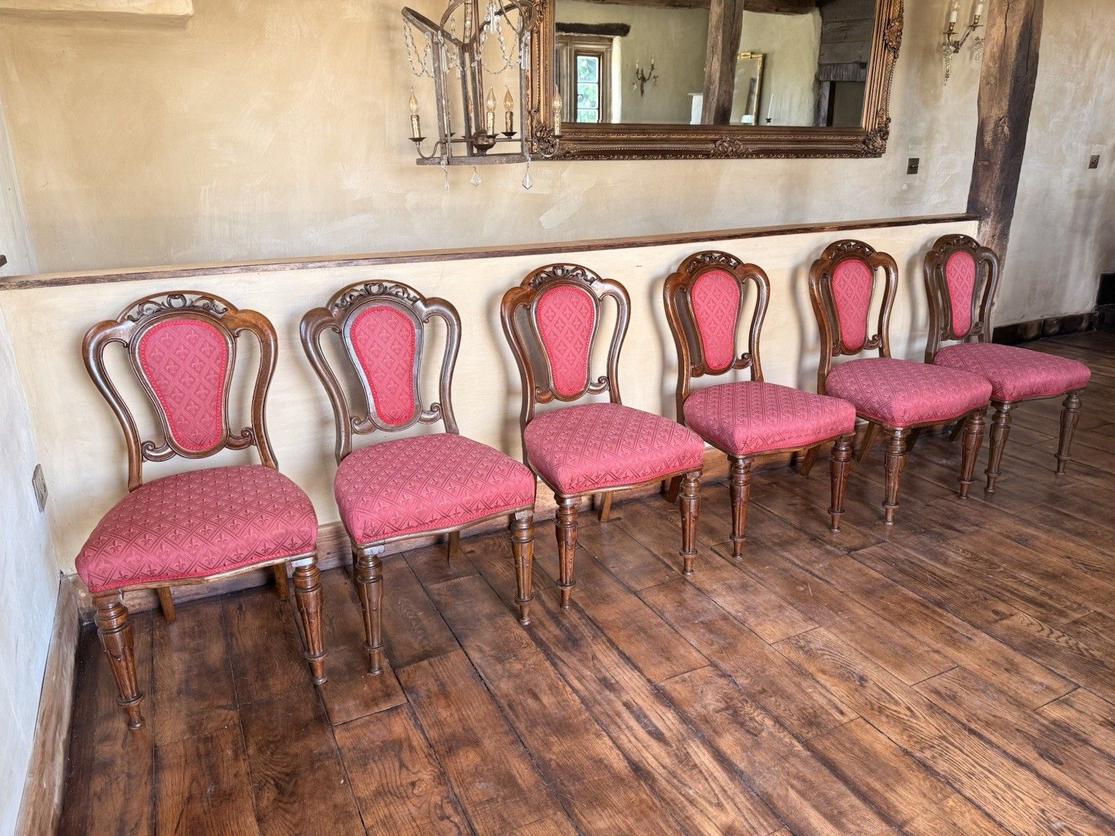 Original English Antique Oak Victorian Matching Dining Pink Chairs Set Of 6 photo Furniture