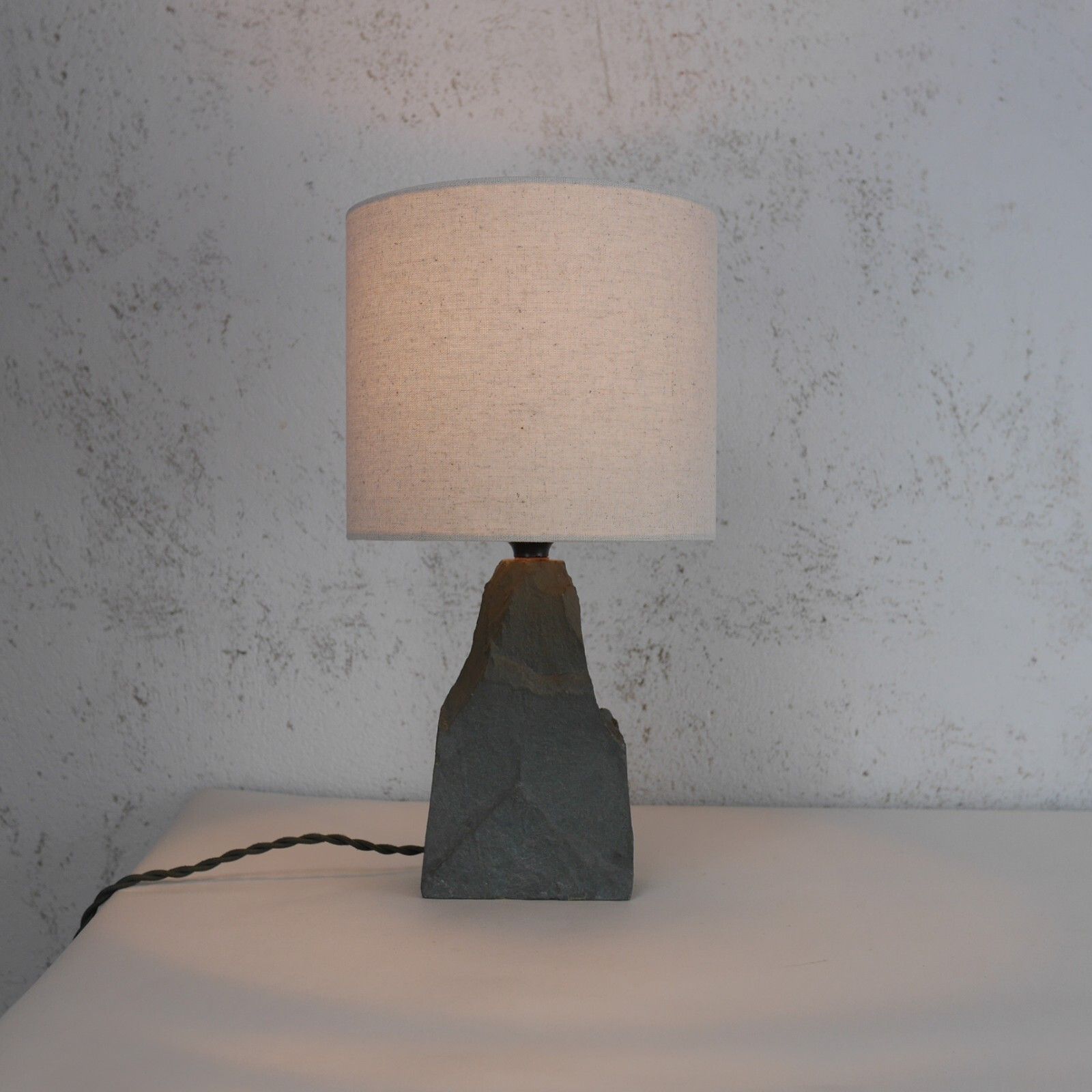 Vintage Mid Century Natural Slate Brutalist Table Lamp Linen Shade #102888 photo furniture
