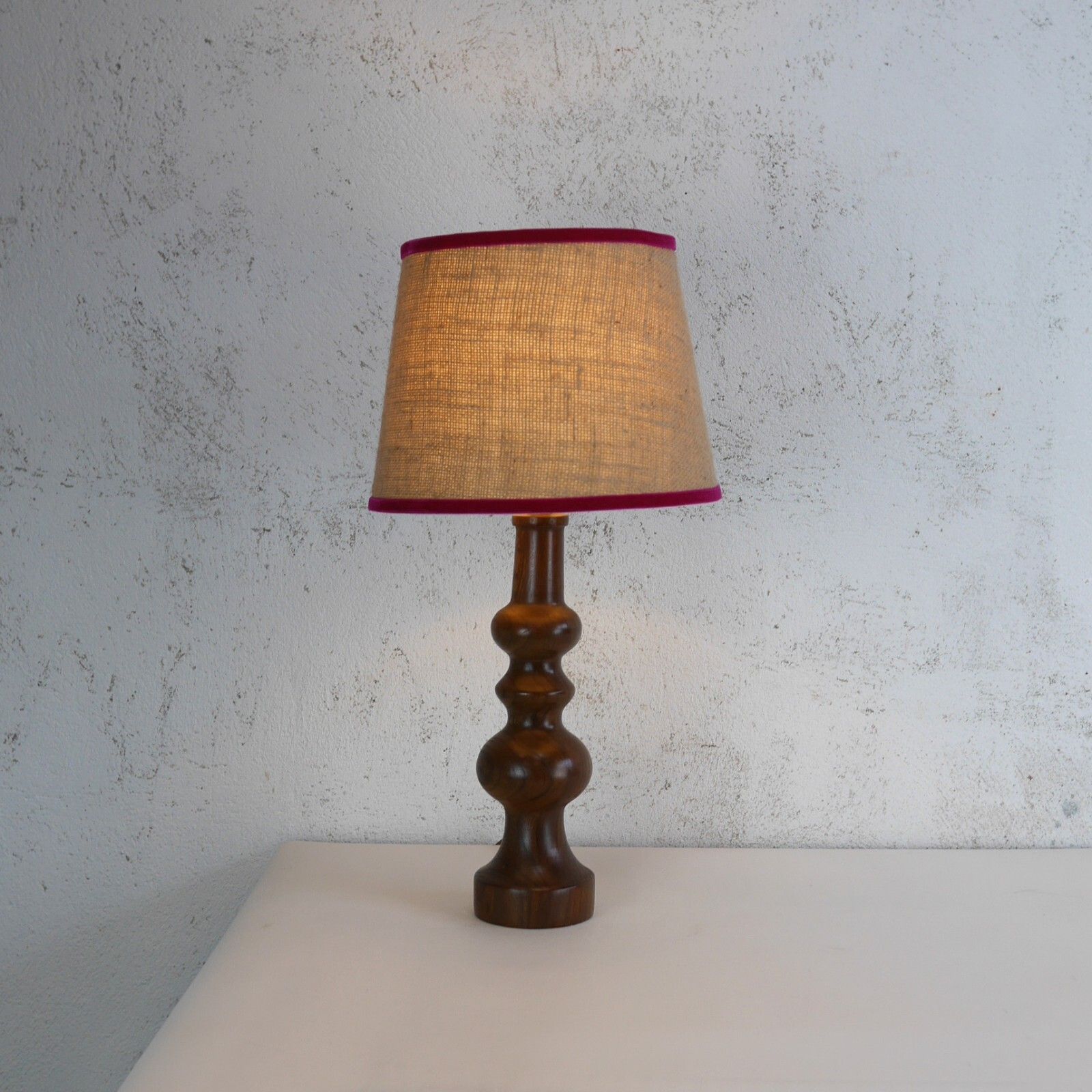 Vintage Mid Century Elm Teak Wood Table Lamp Hessian Shade Danish Era #102864 photo furniture