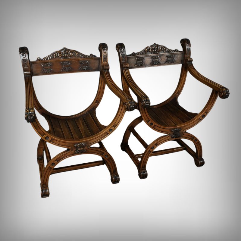 Pair Of Dagobert Walnut Armchairs, Medieval Style – Late 19th Century photo furniture
