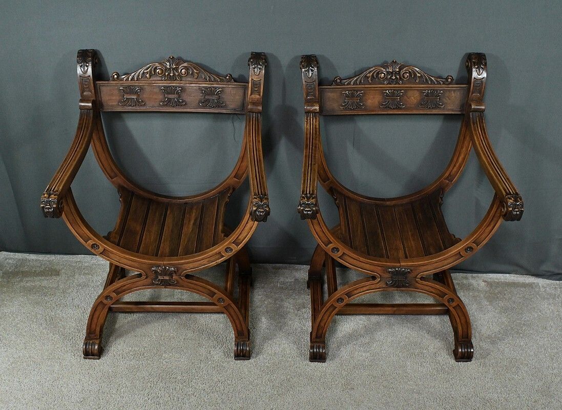 Pair Of Dagobert Walnut Armchairs, Medieval Style – Late 19th Century photo buy