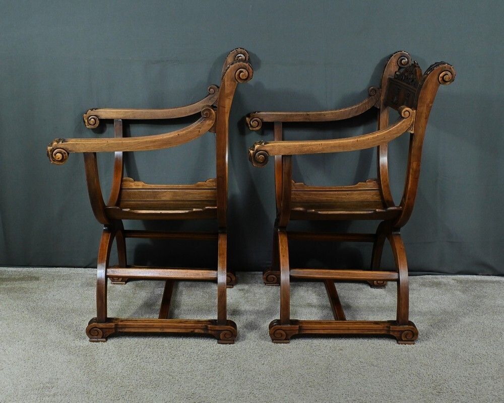 photo vintage Pair Of Dagobert Walnut Armchairs, Medieval Style – Late 19th Century