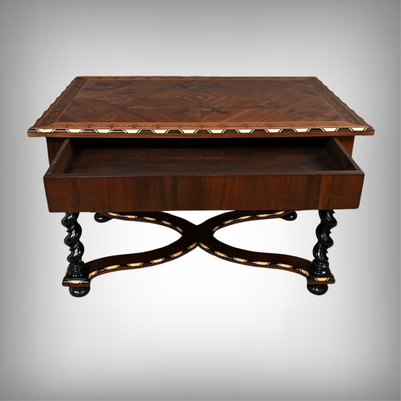 Desk Table In Precious Wood Marquetry, Napoleon III Period – Mid 19th Century photo for sale