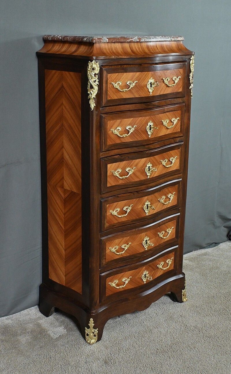 Louis XV Style Rosewood And Rosewood Marquetry Chest Of Drawers – 2nd Part Of The 19th Century photo for sale