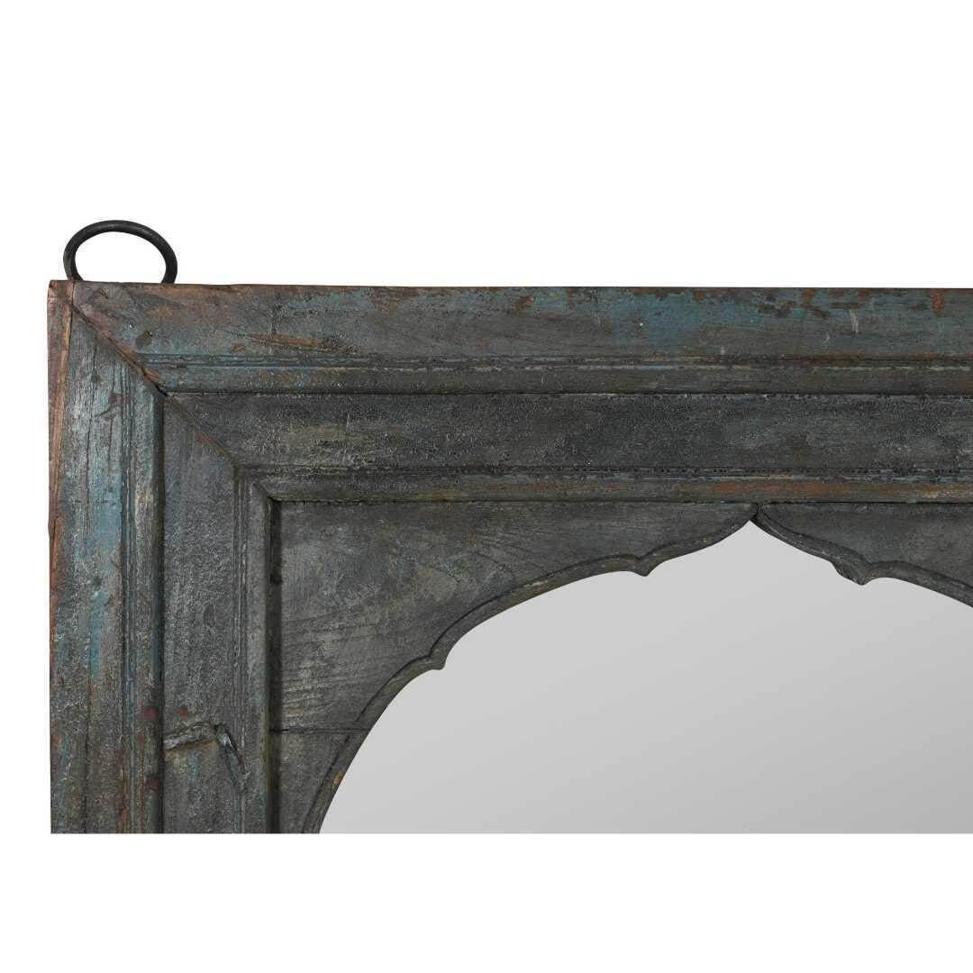 Antique Teal Indian Mehrab Window Mirror – Teak Wood, Rajasthan, 140cm photo furniture