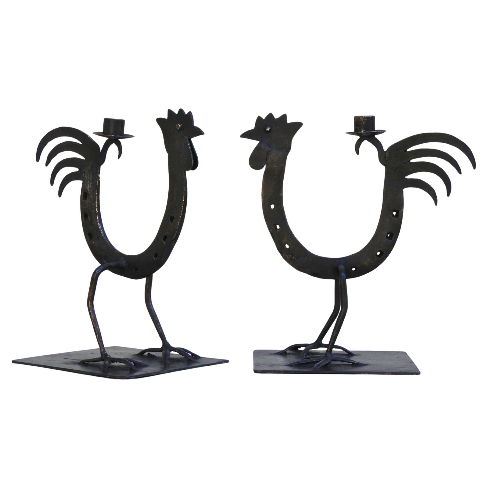 Pair Of French Midcentury Folk Art Ironcockerel/Rooster Candlesticks C1970s