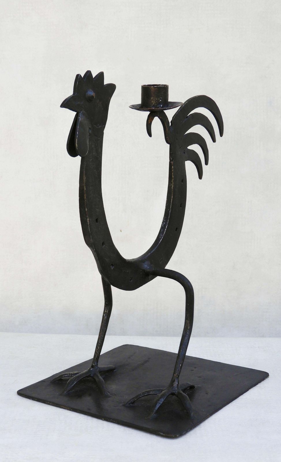 Pair Of French Midcentury Folk Art Ironcockerel/Rooster Candlesticks C1970s photo vintage