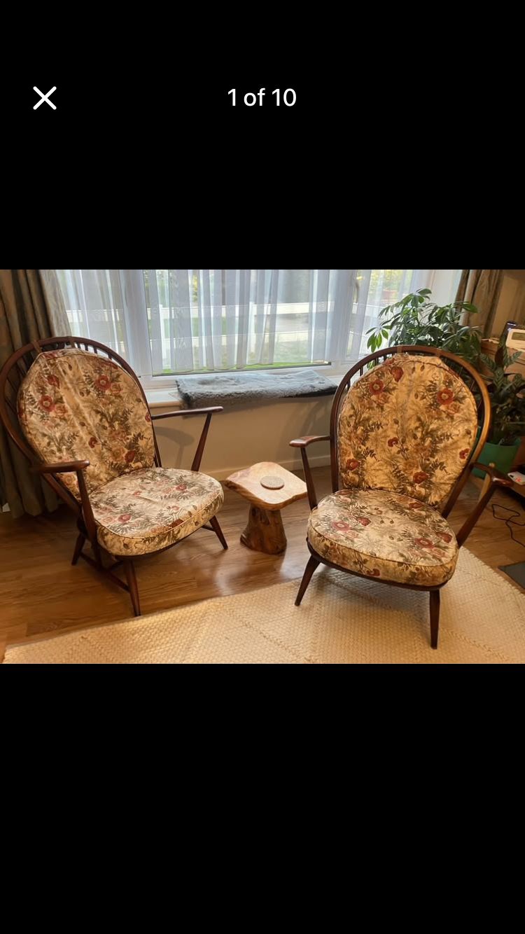 Pair Of Vintage Ercol Armchairs With Original Cushions   Fleur De Lys 1970 Windsor Chairs photo vinterior