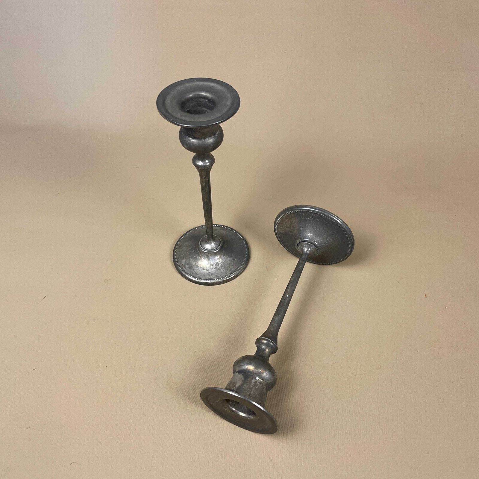 Antique Matching Pair Of Silver Plated Metal Candlestick Candle Stick Vintage Column Taper Dinner Candlesticks Set Round Aged photo furniture