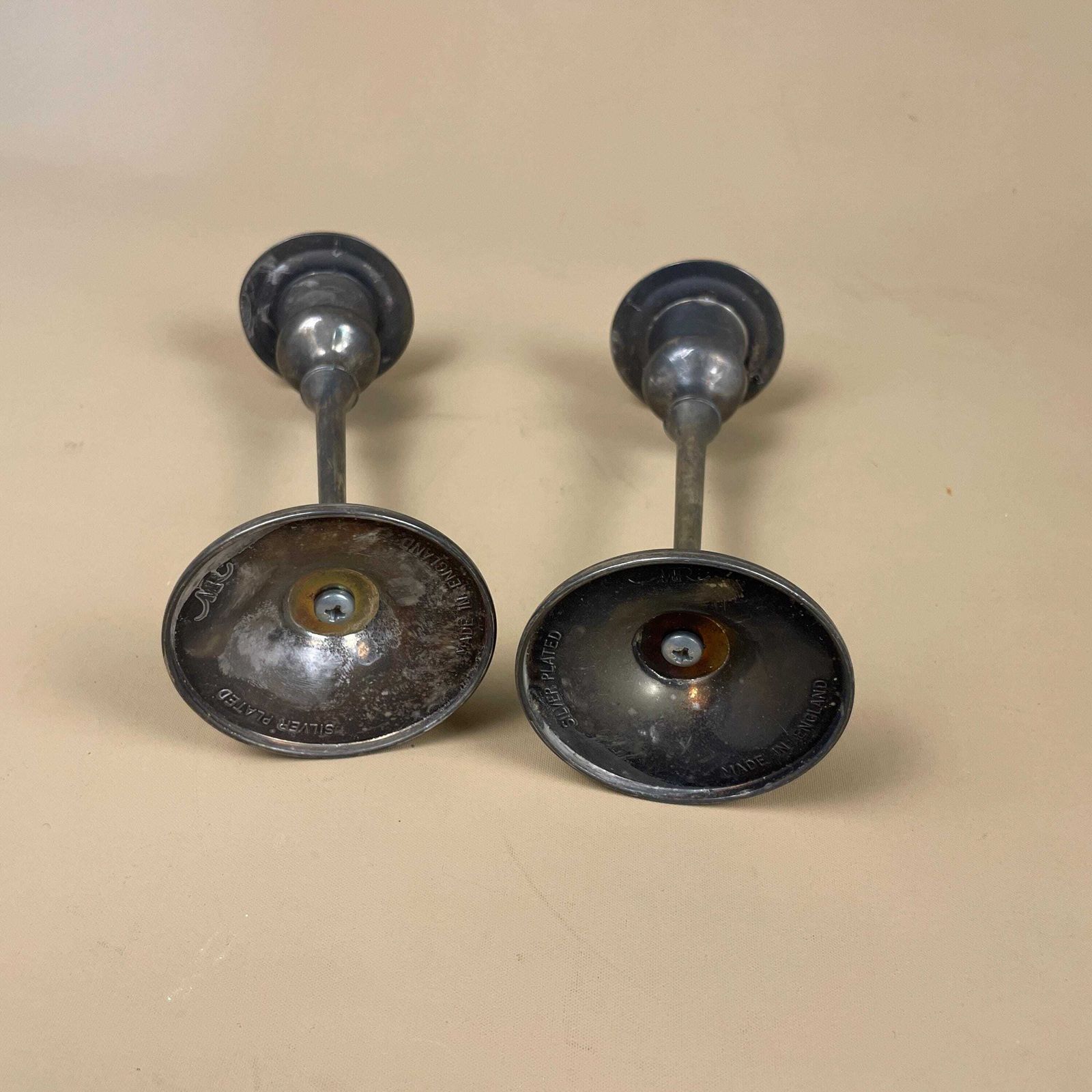 Antique Matching Pair Of Silver Plated Metal Candlestick Candle Stick Vintage Column Taper Dinner Candlesticks Set Round Aged photo buy