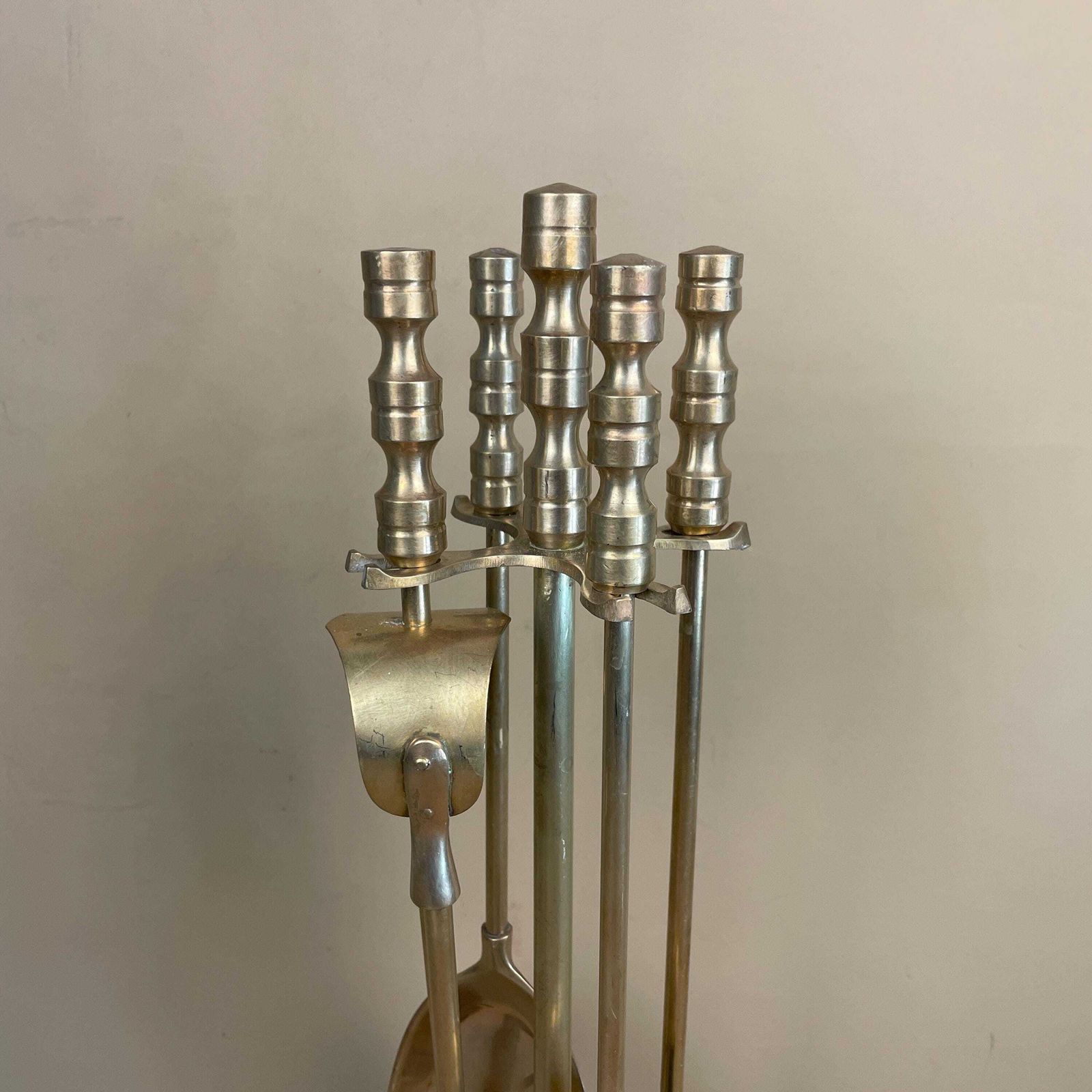 Antique Brass Gold Metal Fireside Tools Stand Vintage Companion Set Fireplace Gold Fireside Fire Scuttle Farmhouse Cottage Aged Four Piece 4 photo for sale