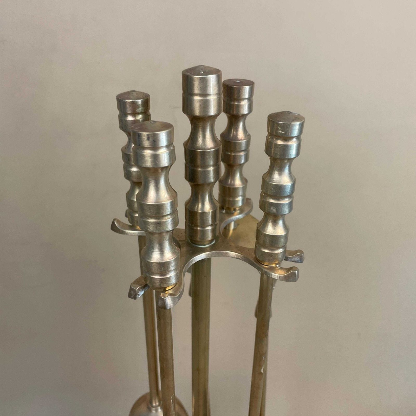Antique Brass Gold Metal Fireside Tools Stand Vintage Companion Set Fireplace Gold Fireside Fire Scuttle Farmhouse Cottage Aged Four Piece 4 photo vintage