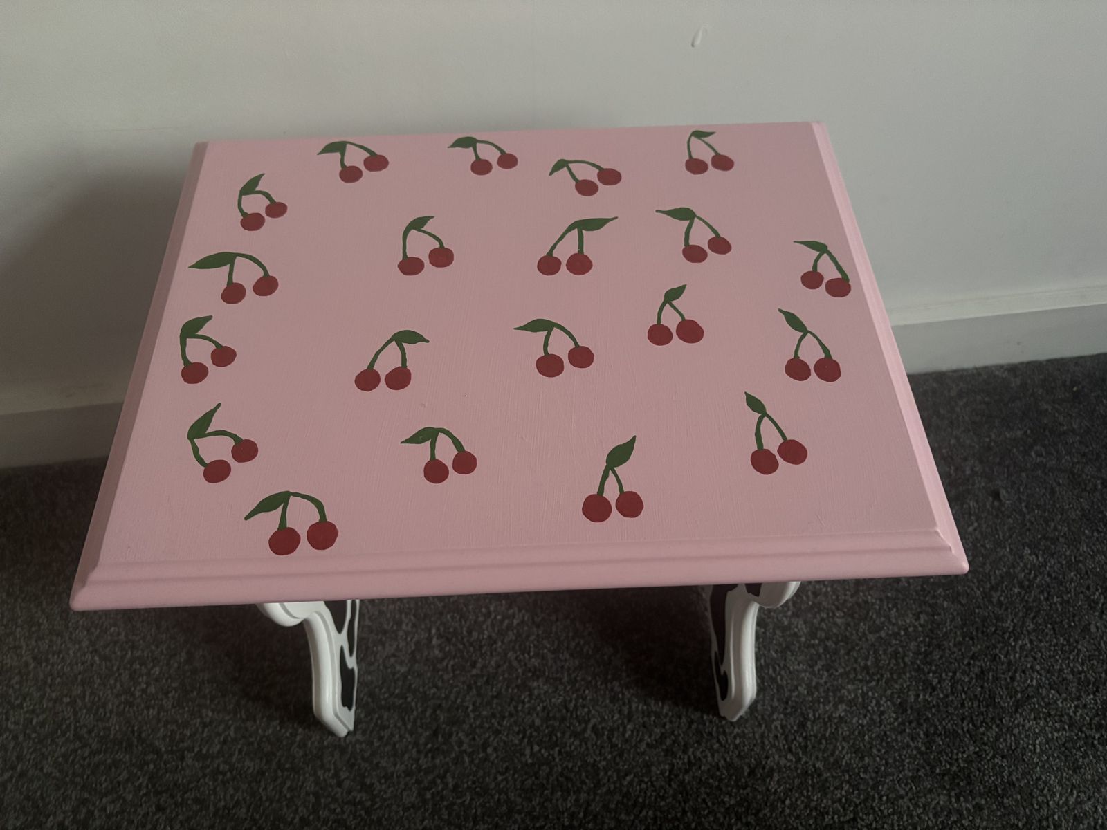 Furniture 'Cherry Moo' Set Of 3 Hand Painted Stacking Tables | Pink Cow Print With Cherries | Whimsical Farmhouse Flair photo