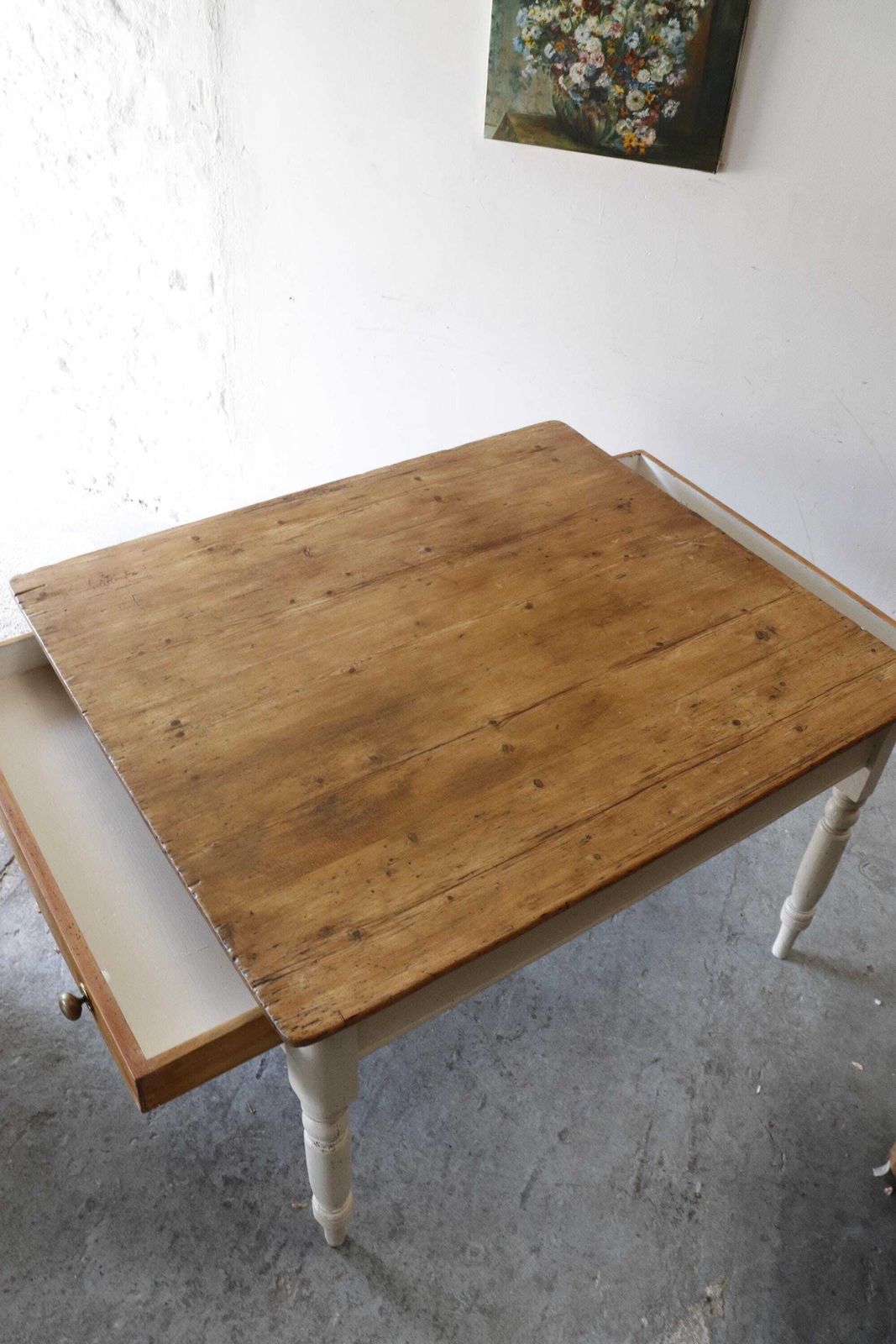 photo for sale Lovely Large Rustic Pine Farmhouse Cream Painted Kitchen Table With Two Cutlery Drawers