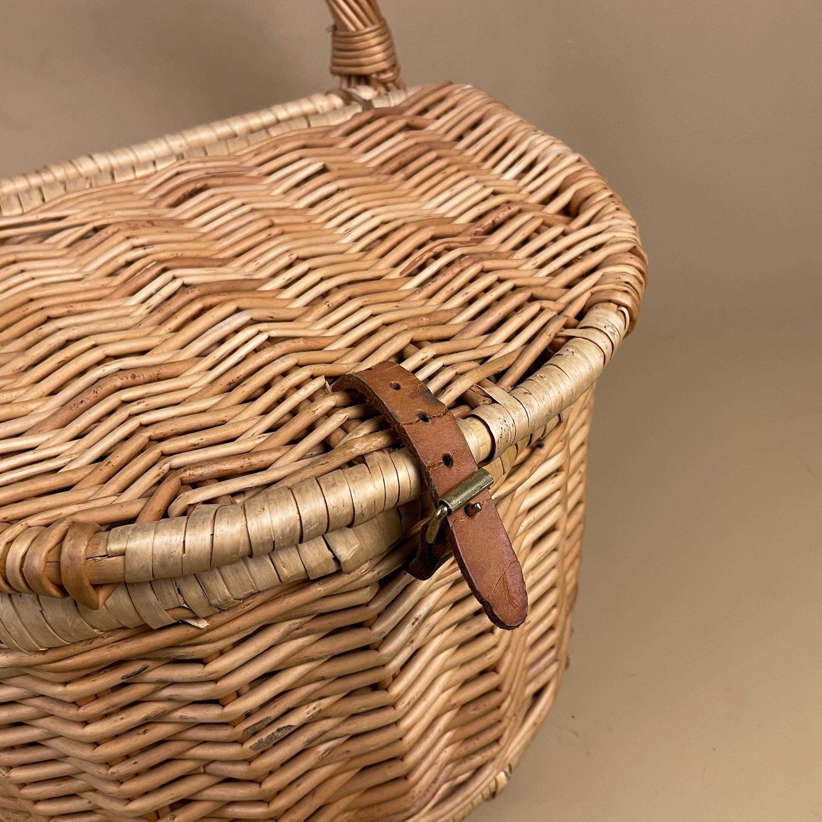 Vintage Semi Circle Basket Woven Wicker Hamper Picnic Basket Lid Buckle Closure Handle Cottage Farmhouse Decorative Half Circle Round photo for sale